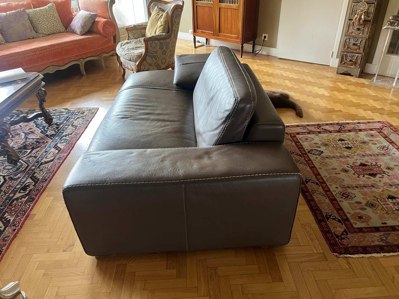 Remplacement du cuir du canapé par un velours bleu : avant